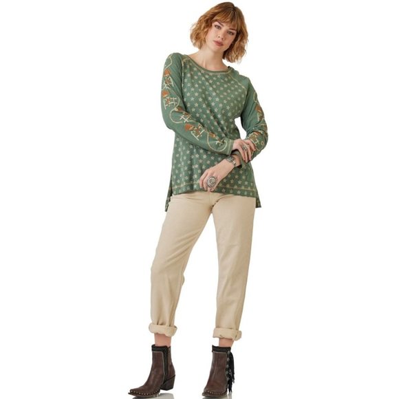 Double D Ranch Cowboys Up My Sleeve Top Boho Western Bohemian Casual Long Sleeve - Picture 2 of 13